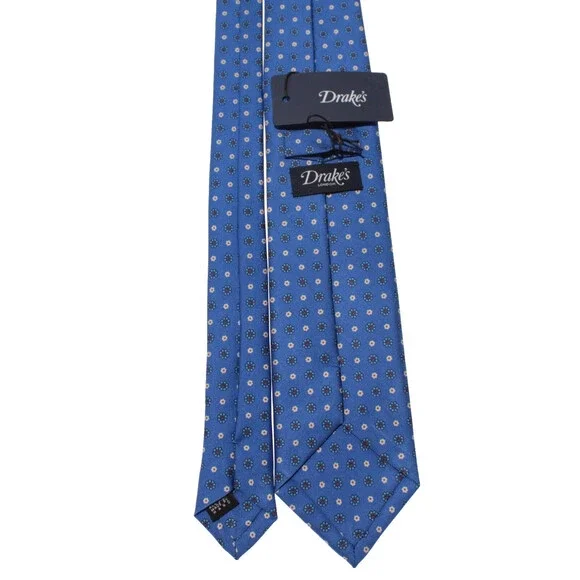Drake's NWT Neck Tie in Blue with White & Orange Mini Floral Print 100% Silk